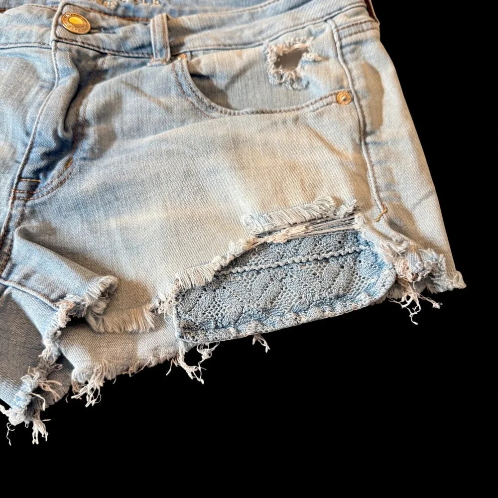 American Eagle Shortie Shorts 10 Blue Distressed Super Stretch X Lace Festival
